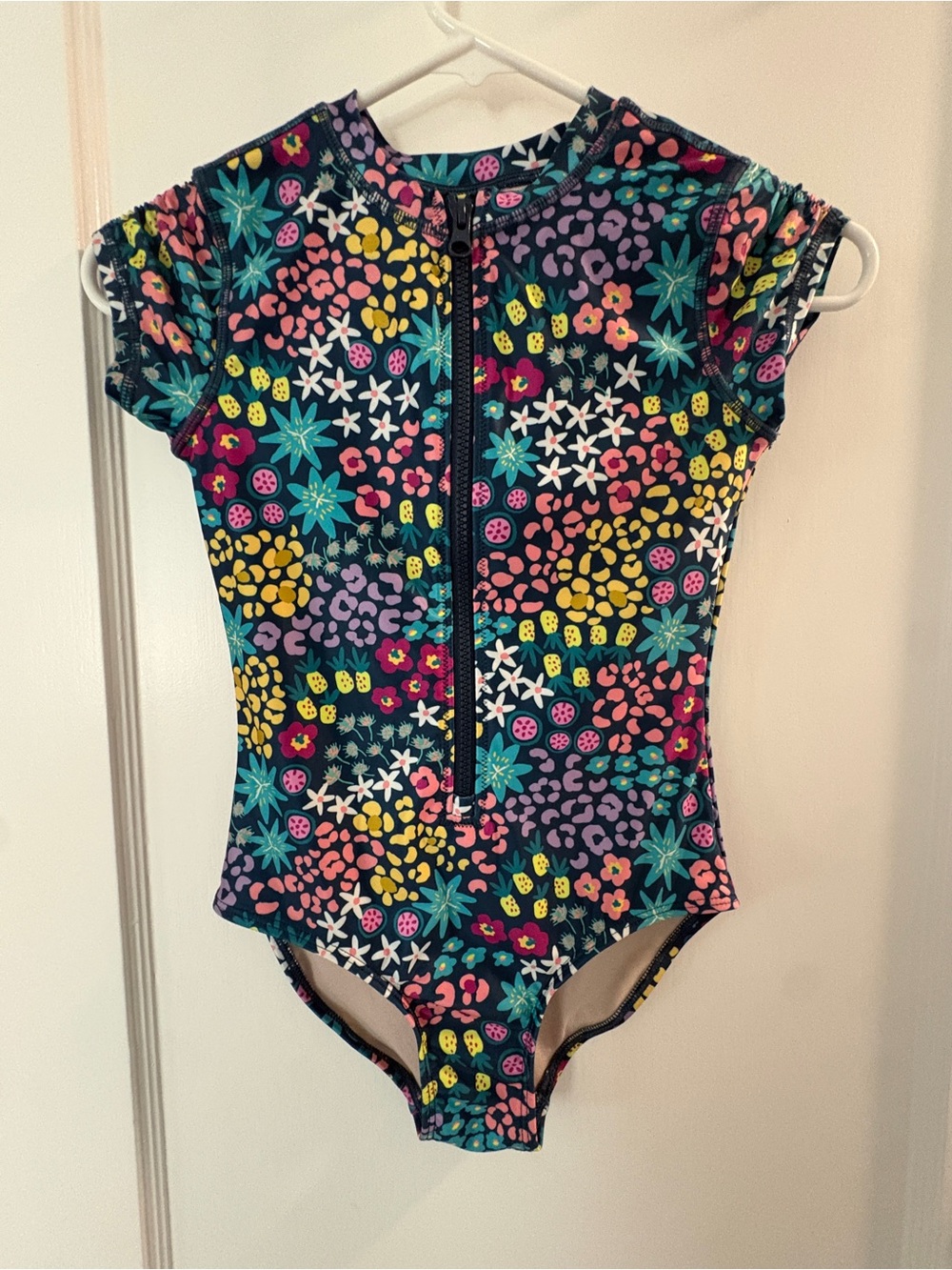 Tea Collection Navy Floral Zip-Front One-Piece Swim Suit with Multicolor Print
